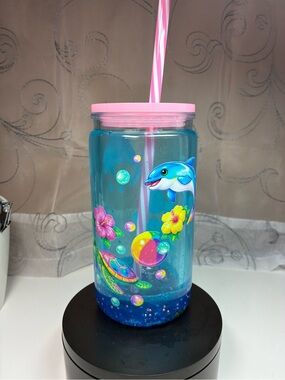 Blue Dolphin & Turtle Beach Tumbler with Pink Lid